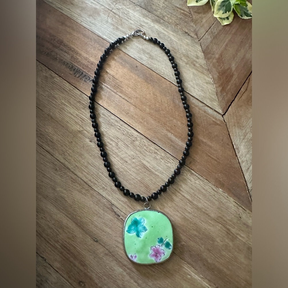 Tiled Pendant & Obsidian Beaded Necklace